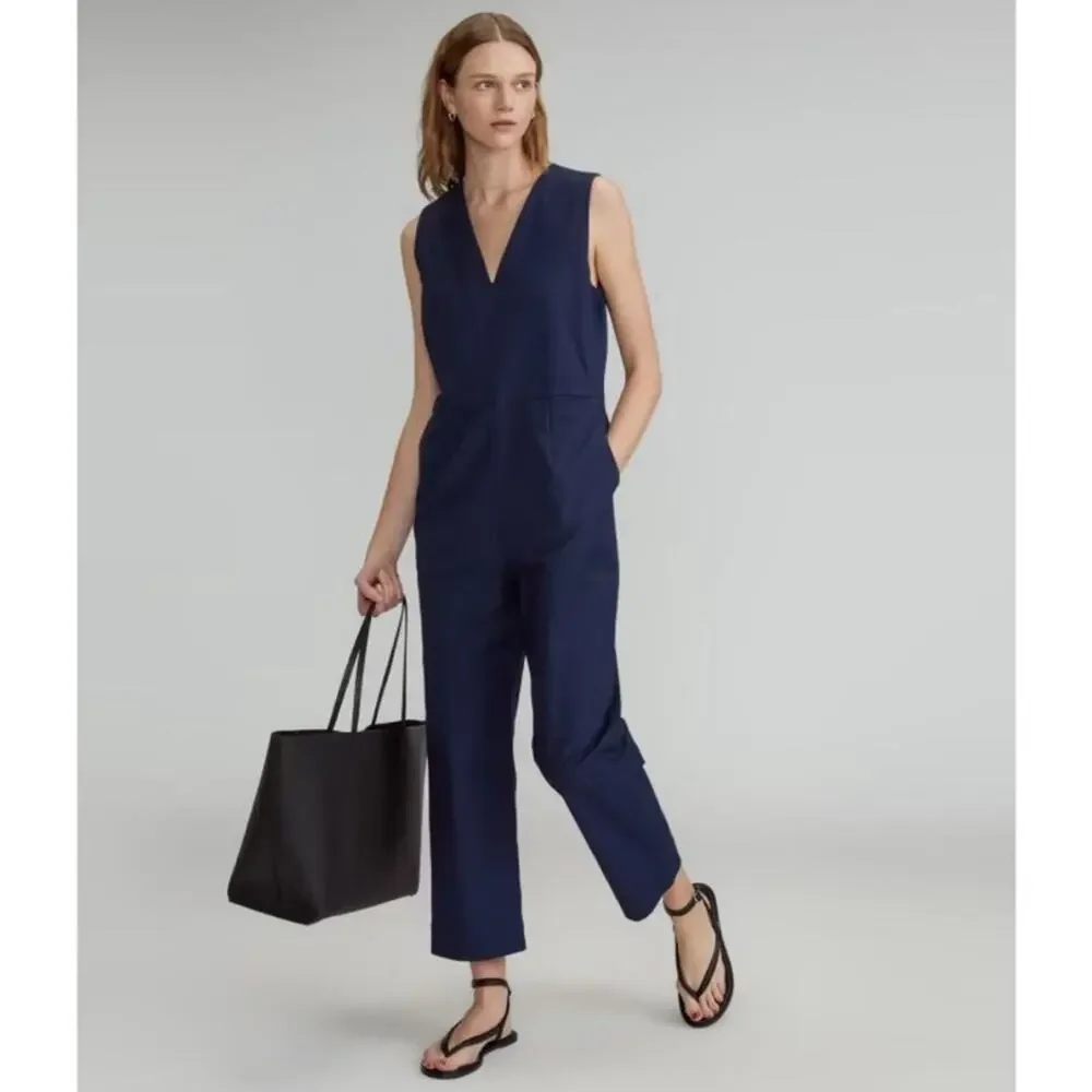 Everlane Navy Structured Cotton Jumpsuit Size 6 New Sleeveless V-Neck Slim Fit - Picture 2 of 9